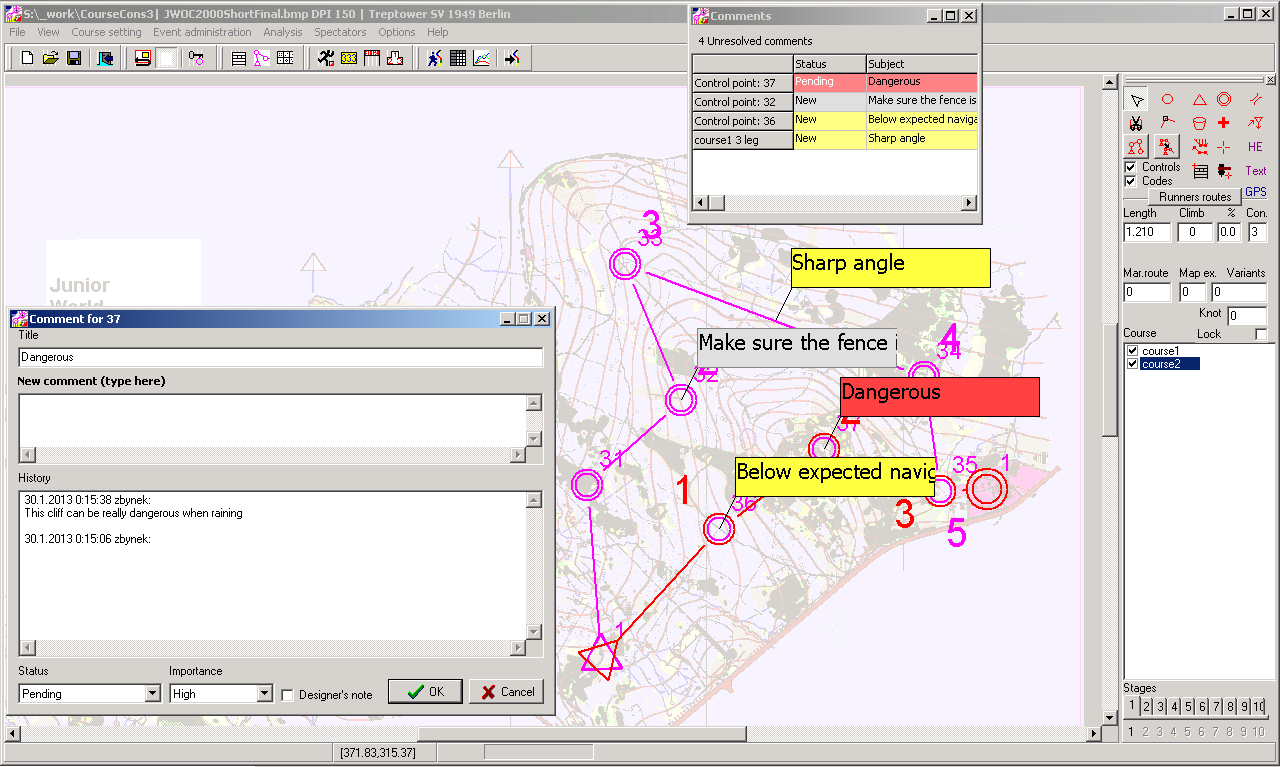 Notes directly attached to control, course or map. Review process